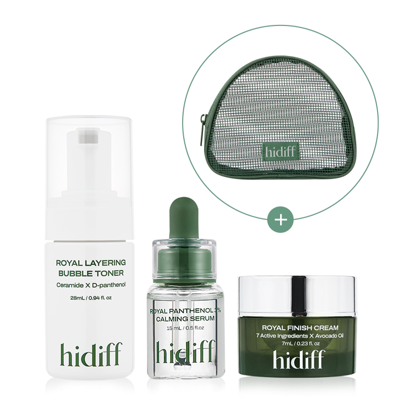 HIDIFF Sensitivity 7-day experience kit de la marque hidiff, flacons et pochette visible sur fond clair.
