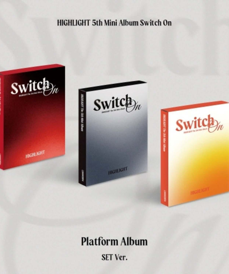 HIGHLIGHT - 5th Album [Switch On] (Platform Ver.) (Random 1 of 3) : boîtiers Kpop rouge, noir et orange en fond clair.