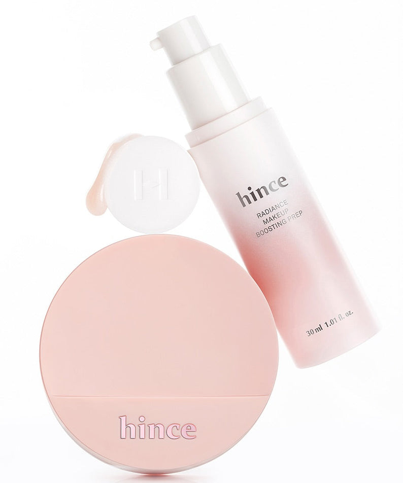 HINCE  Radiance Makeup Boosting Prep 30ml de la marque HINCE, flacon rosé et bouée dans un décor blanc