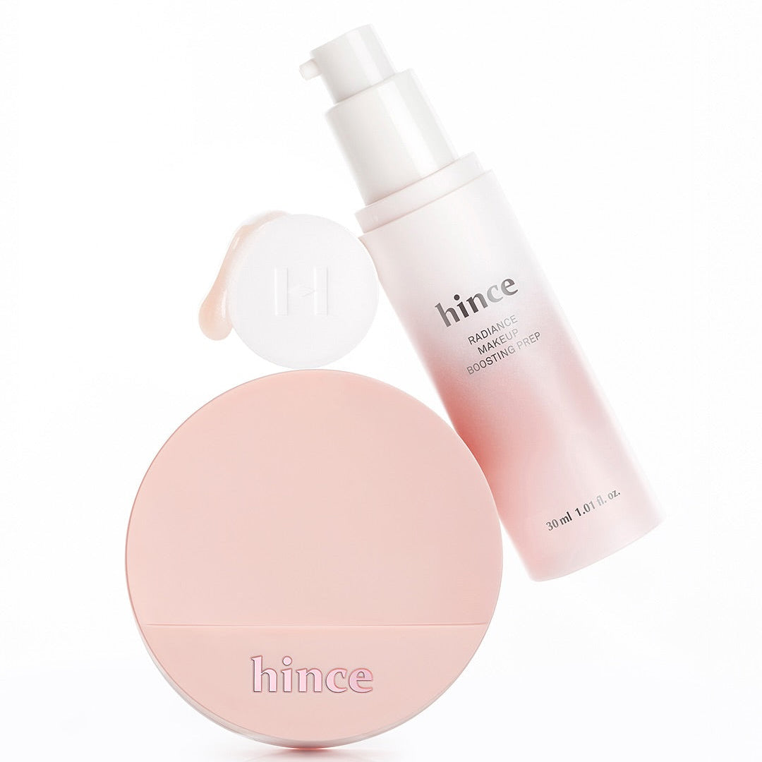 HINCE  Radiance Makeup Boosting Prep 30ml de la marque HINCE, flacon rosé et bouée dans un décor blanc