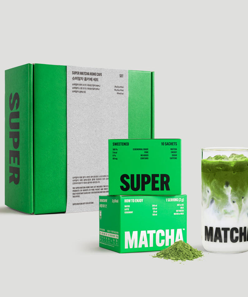 HIT THE TEA Super Matcha Home Cafe Set (Pure 10+Sweet 10+Heat-Resistant Glass Cup ) : coffret vert & verre à thé matcha