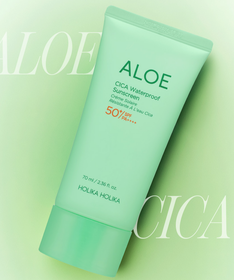 HOLIKA HOLIKA Aloe Cica Waterproof Sunscreen 70ml de marque HOLIKA, tube vert sur fond pastel, visuel produit.