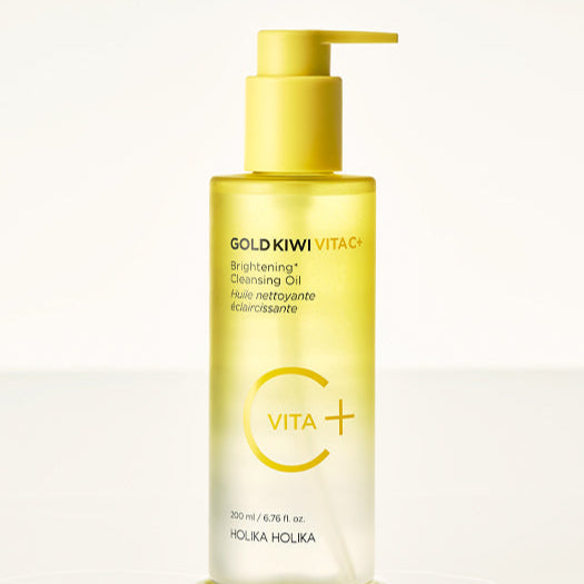 HOLIKA HOLIKA Gold Kiwi Vita C+ Brightening Cleansing Oil 200ml : flacon jaune sur fond clair, huile nettoyante éclaircissante.