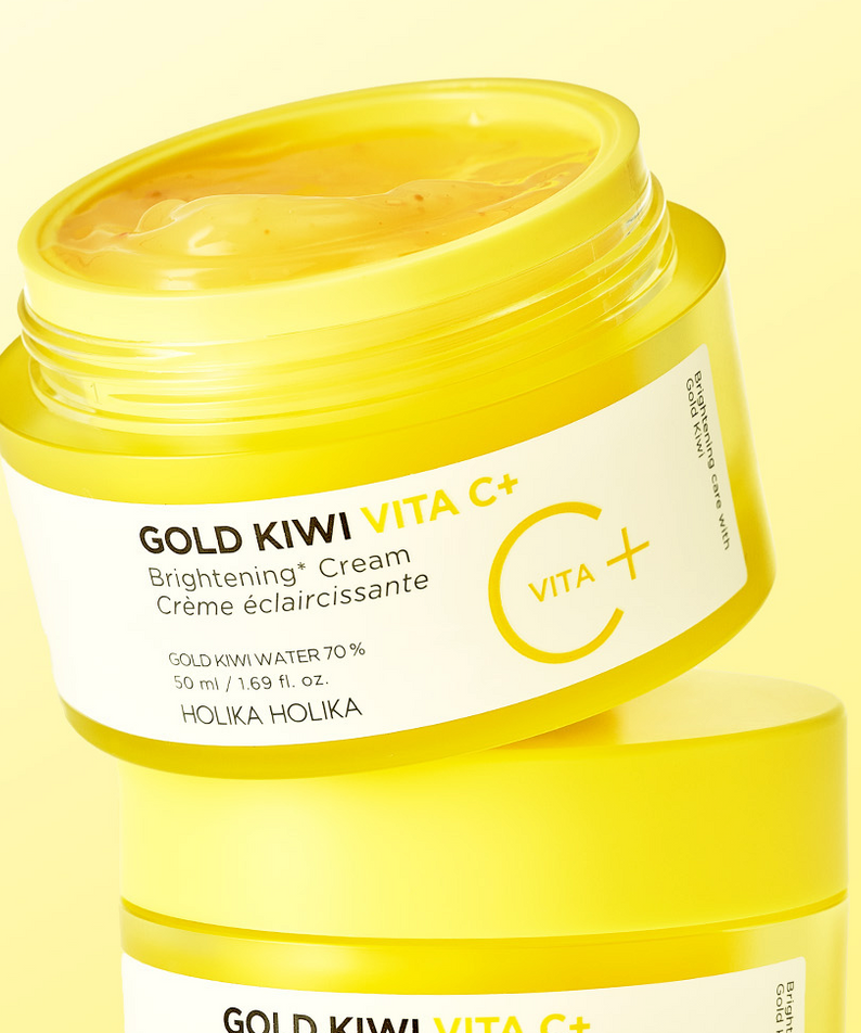 HOLIKA HOLIKA Gold Kiwi Vita C+ Brightening Cream 50ml, crème jaune au kiwi, pot sur fond jaune en studio