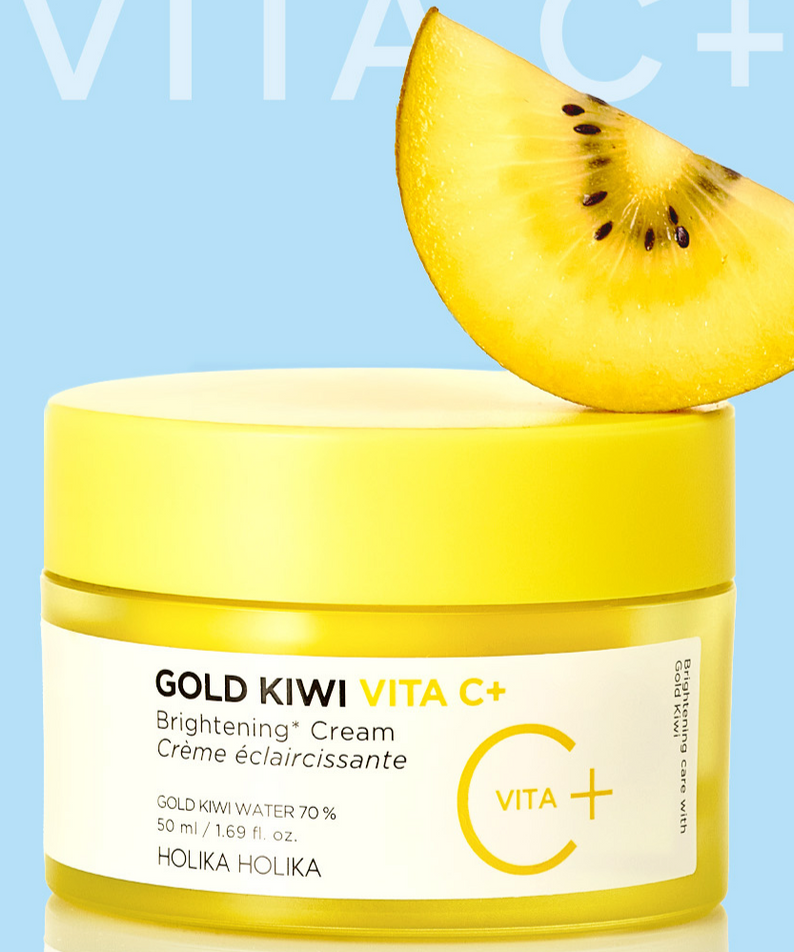 HOLIKA HOLIKA Gold Kiwi Vita C+ Brightening Cream 50ml, pot jaune sur fond bleu avec tranche de kiwi, éclat vitamine C+