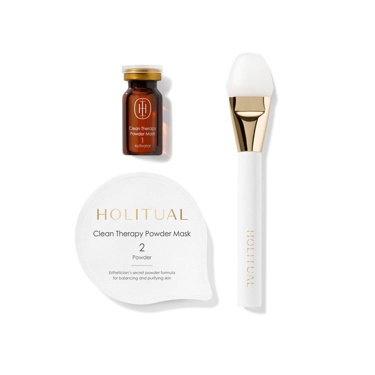 HOLITUAL Clean Therapy Powder Mask, poudre et pot avec pinceau de masque sur fond blanc, visuel produit de la marque