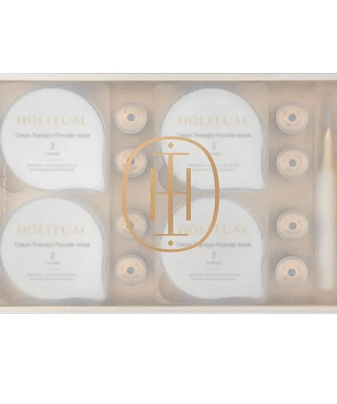 HOLITUAL Clean Therapy Powder Mask, boîte cadeau avec masques blancs, marque HOLITUAL, visuel en studio sur fond clair