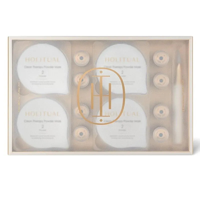 HOLITUAL Clean Therapy Powder Mask, boîte cadeau avec masques blancs, marque HOLITUAL, visuel en studio sur fond clair