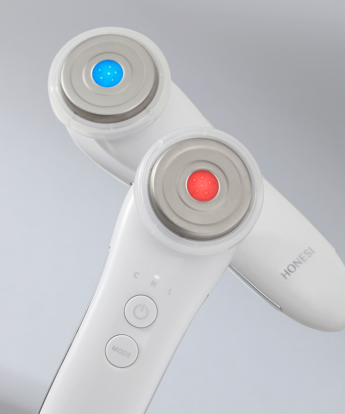HONESI  EMS High Frequency Galvanic Home Care Massager, vue produit blanc avec LED bleue et rouge sur fond clair