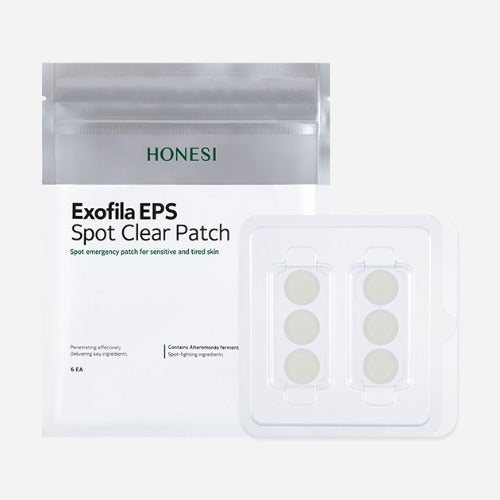 HONESI  Exophila EPS Spot Clear Patch (6 sheets), patchs anti-imperfections sur emballage et étui blanc, vue produit