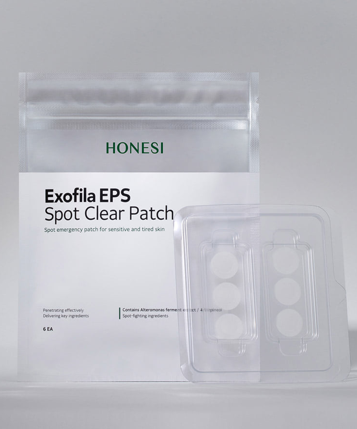 HONESI  Exophila EPS Spot Clear Patch (6 sheets) : patchs transparents sur fond clair, visuel produit en pack