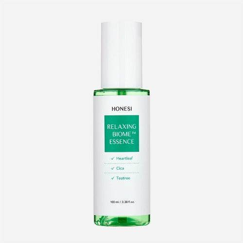 HONESI  Relaxing Biome Ampoule Essence 100ml, flacon vert sur fond clair, présentation produit beauté apaisante