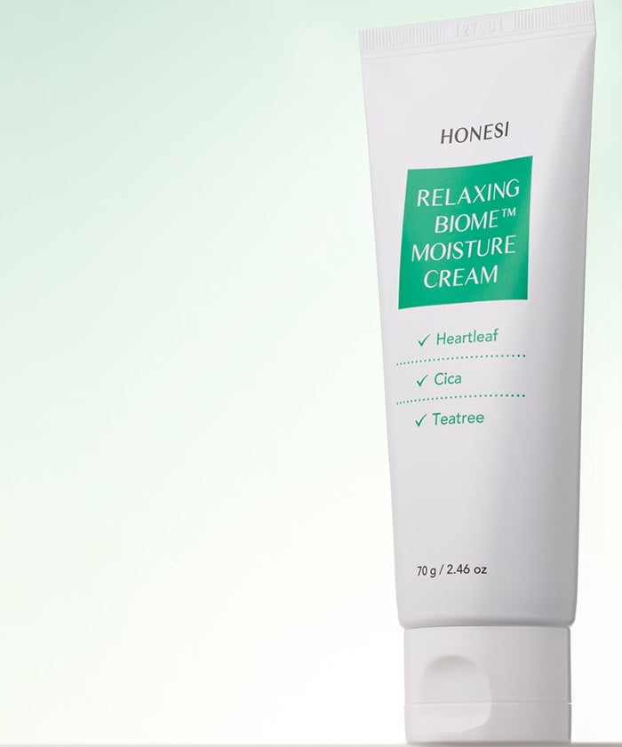 HONESI  Relaxing Biome Moisture Cream 70g, crème hydratante apaisante sur tube blanc, fond clair, marque HONESI en gros