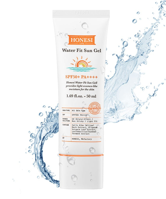 HONESI  Water Fit Sun Gel 50ml, tube crème solaire hydratante contre les éclaboussures d’eau, fond lumineux.
