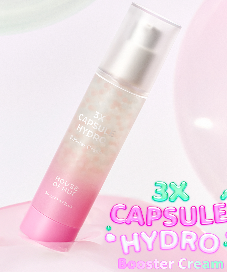 HOUSE OF HUR 3X Capsule Hydro Booster Cream 50ml, crème hydratante, flacon rose sur fond pastel avec effet 3X capsule
