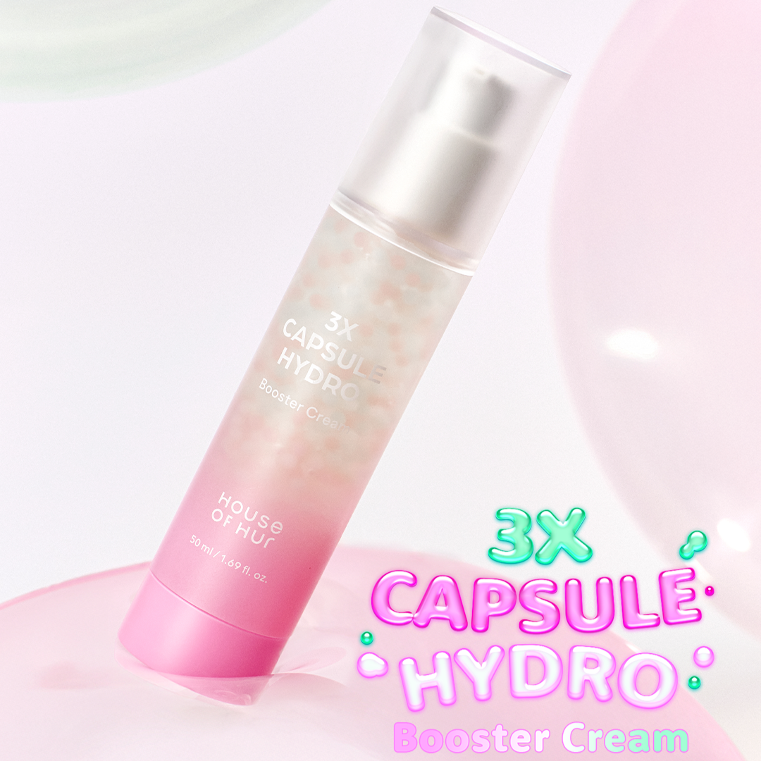 HOUSE OF HUR 3X Capsule Hydro Booster Cream 50ml, crème hydratante, flacon rose sur fond pastel avec effet 3X capsule
