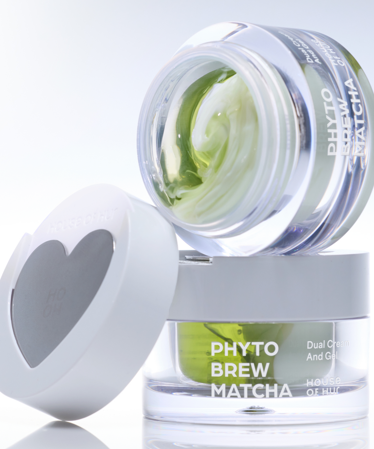 HOUSE OF HUR Phyto Brew Matcha Dual Cream and Gel 50ml, pot et gel-crème vert sur fond clair, marque visible.