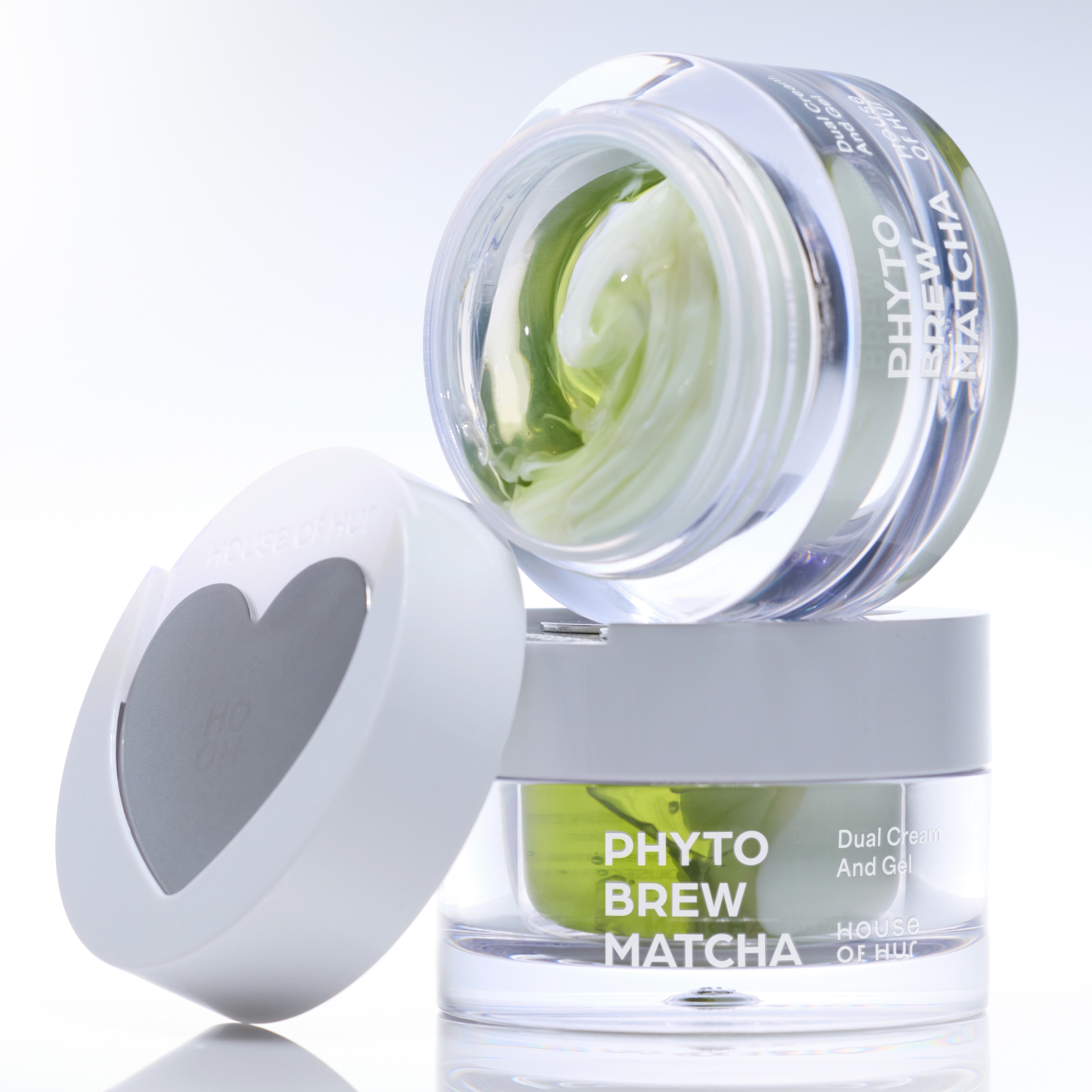 HOUSE OF HUR Phyto Brew Matcha Dual Cream and Gel 50ml, pot et gel-crème vert sur fond clair, marque visible.