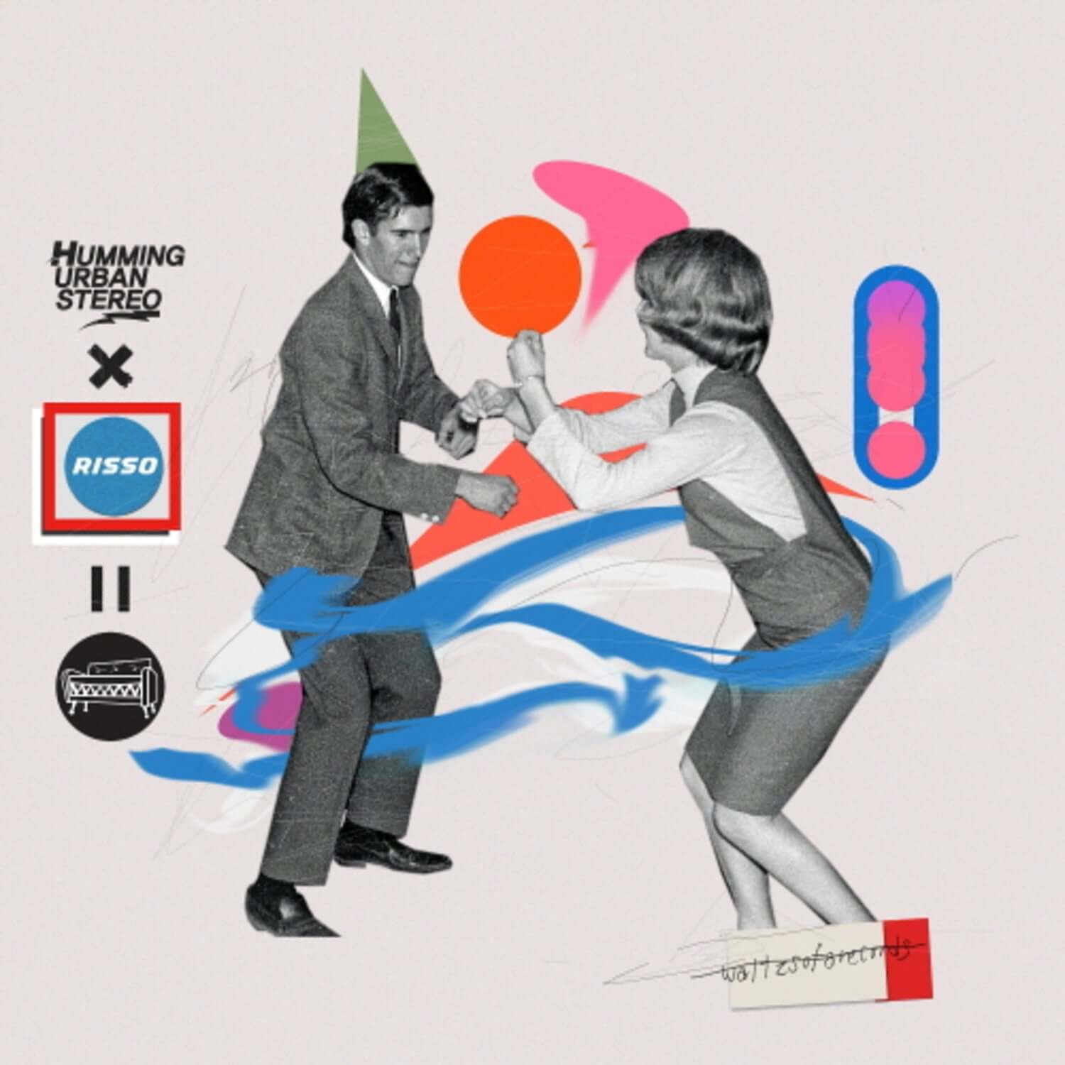 HUS - 1st Album[WITH] - Album Kpop : visuel promo collage dessin avec musiciens, couleurs vives, marque HUS en arrière-plan.