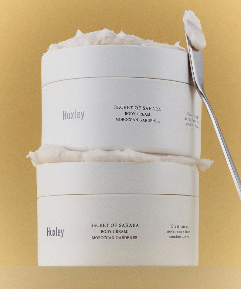 HUXLEY Moroccan Gardener Body Cream 200ml, coffret sur fond jaune moutarde, crème corps marque Huxley, visuel produit