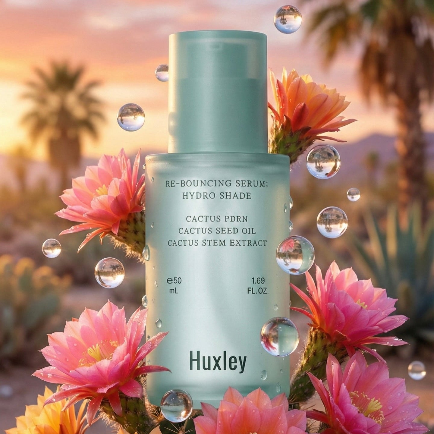 HUXLEY Rebouncing Serum Hydro Shade 50ml, flacon vert avec fleurs et gouttes d’eau sur fond tropical ensoleillé