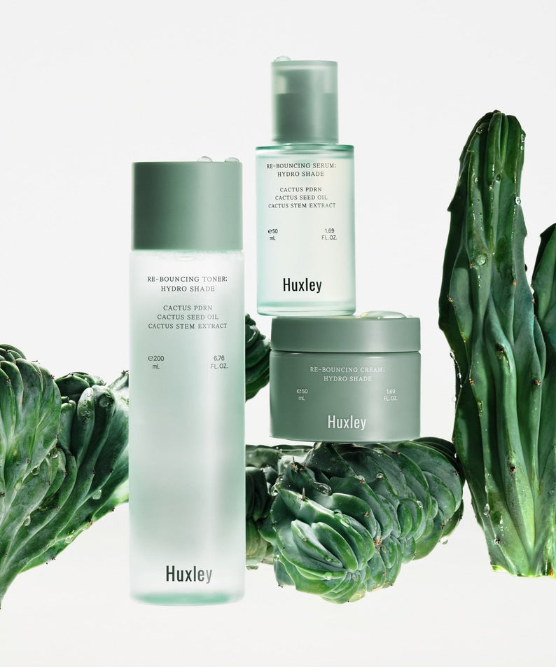 HUXLEY Rebouncing Toner Hydro Shade 200ml, flacon vert avec cactus en arrière-plan, marque Huxley, soin visage hydratant
