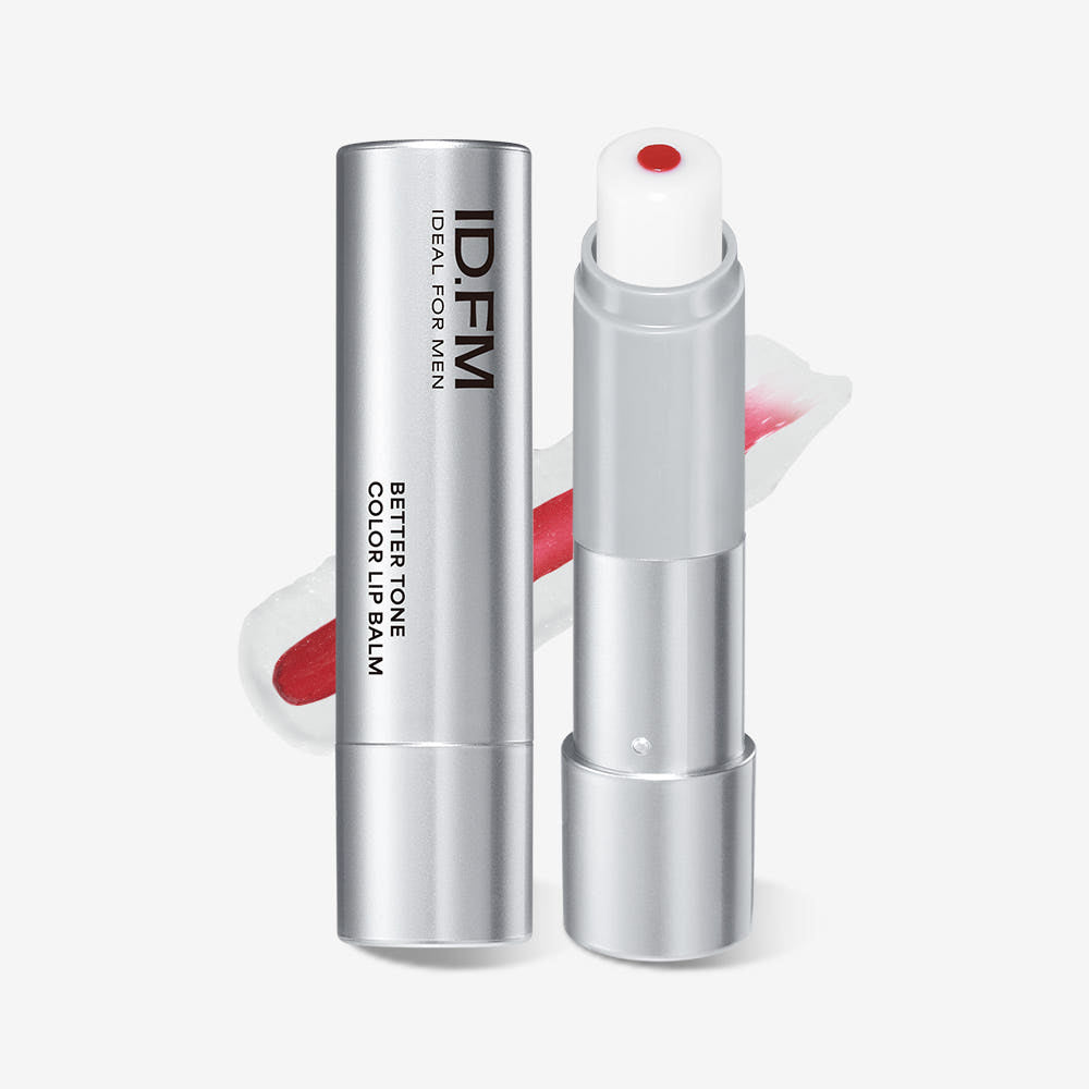 IDEAL FOR MEN Baretone Color Lip Balm 4g de la marque, baume coloré en tube argent, fond blanc, visuel produit.