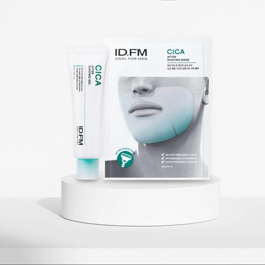 IDEAL FOR MEN Cica After Shave Gel 50ml, IDFM, sur présentoir blanc, visuel produit et masque Cica