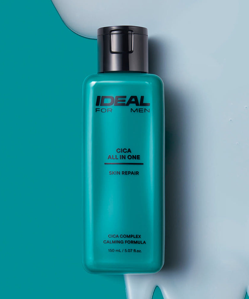 IDEAL FOR MEN Cica All-in-One 150ml, flacon vert sur fond bleu clair, marque IDEAL for Men en gros plan