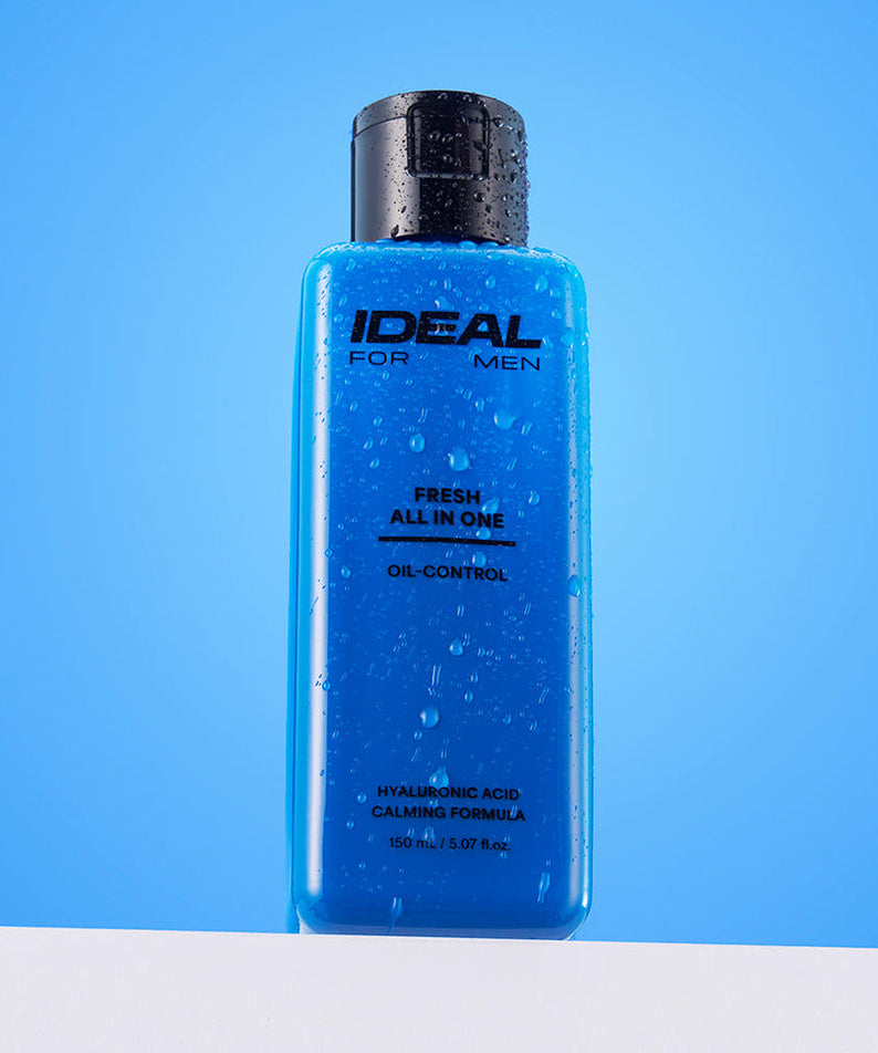 IDEAL FOR MEN Fresh All-in-One 150ml : flacon bleu sous gouttes, sur fond clair, marque IDEAL FOR MEN, usage homme
