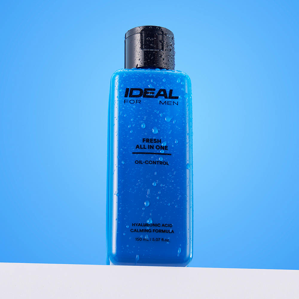 IDEAL FOR MEN Fresh All-in-One 150ml : flacon bleu sous gouttes, sur fond clair, marque IDEAL FOR MEN, usage homme