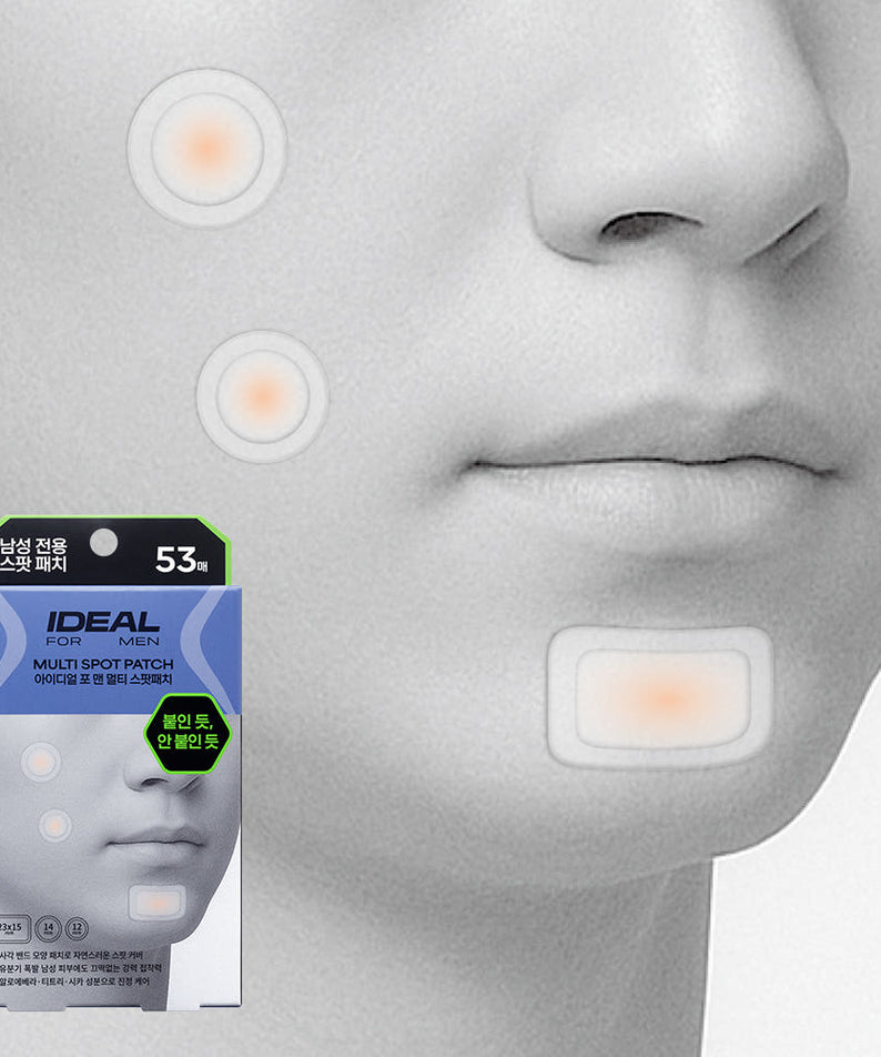IDEAL FOR MEN Multi Spot Patch 53 sheets : patchs anti-imperfections sur le visage, produit en boîte, visuel masculin.