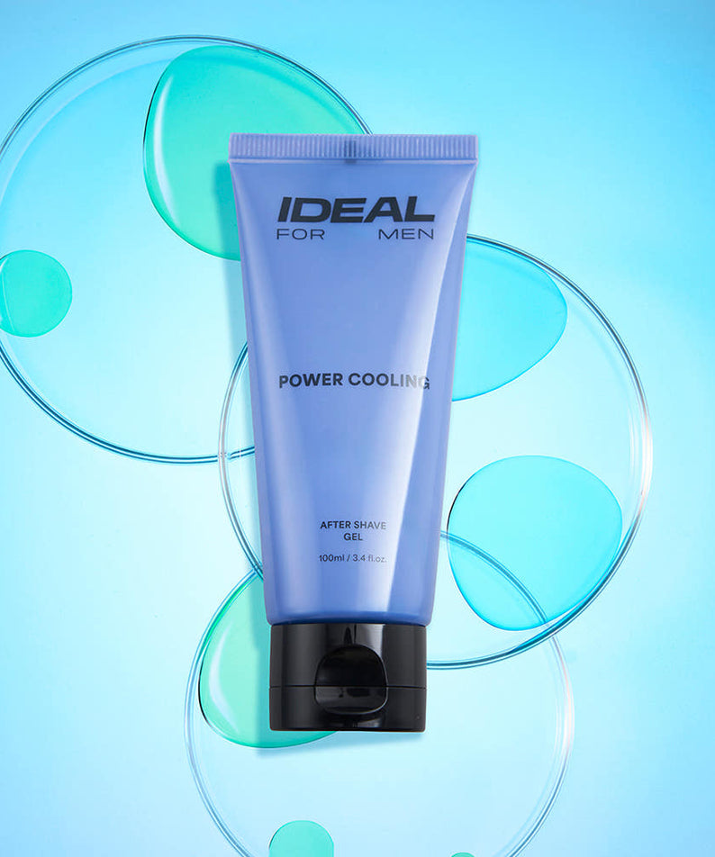 Décris l'image en français : IDEAL FOR MEN Power Cooling Gel 100ml, tube et marque sur fond bleu avec bulles.