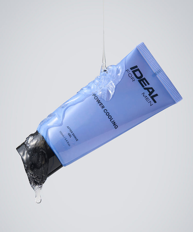 IDEAL FOR MEN Power Cooling Gel 100ml : tube bleu sur fond clair, gel qui coule, pack masculin.