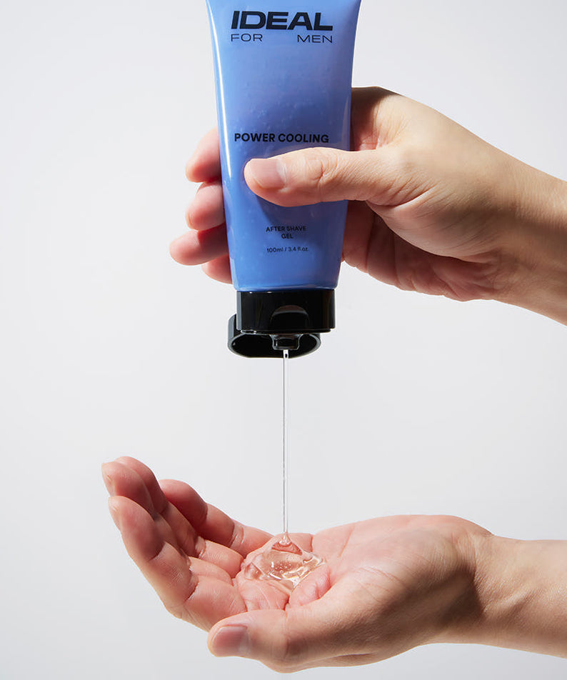 IDEAL FOR MEN Power Cooling Gel 100ml, tube bleu et mains, application gel sur peau, sur fond blanc.