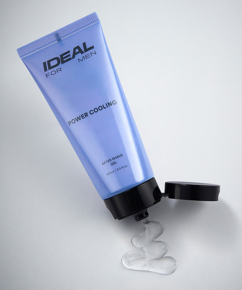 IDEAL FOR MEN Power Cooling Gel 100ml : tube bleu Ideal For Men sur fond blanc, avec gel frais et effet refroidissant.