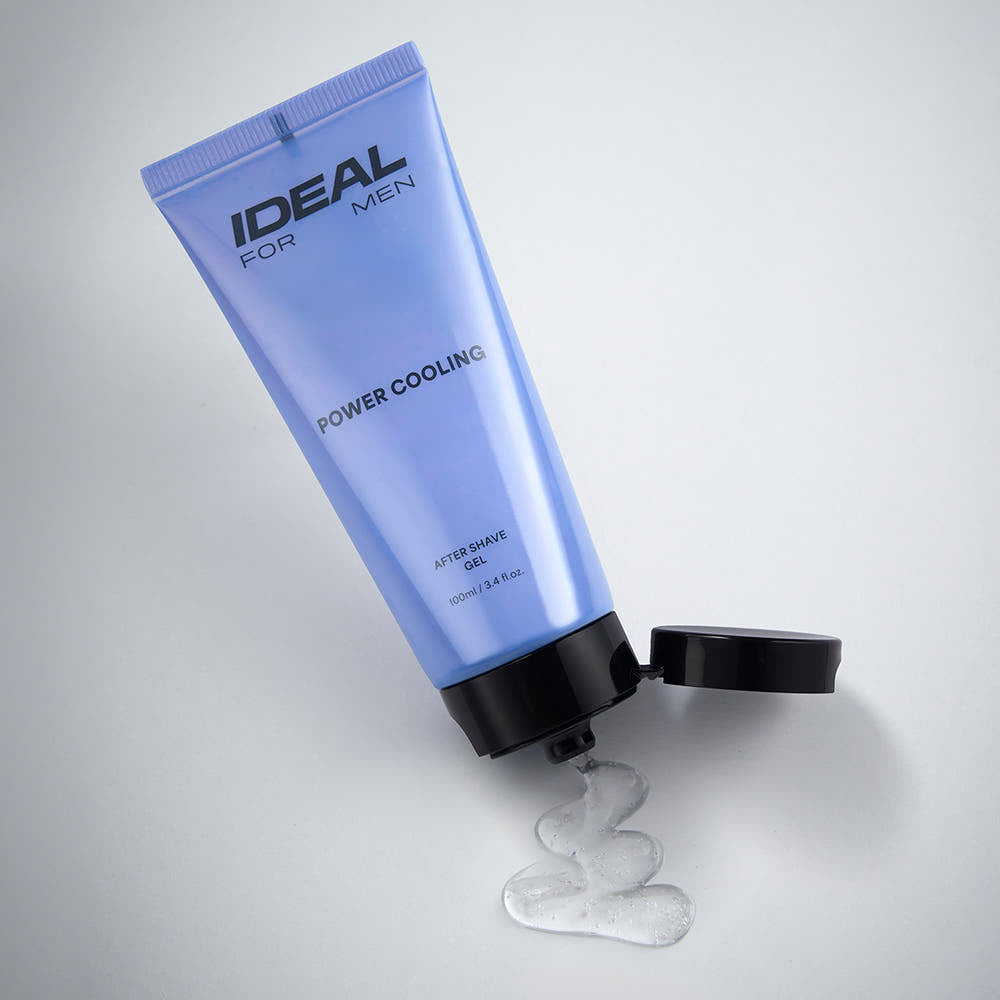 IDEAL FOR MEN Power Cooling Gel 100ml : tube bleu Ideal For Men sur fond blanc, avec gel frais et effet refroidissant.