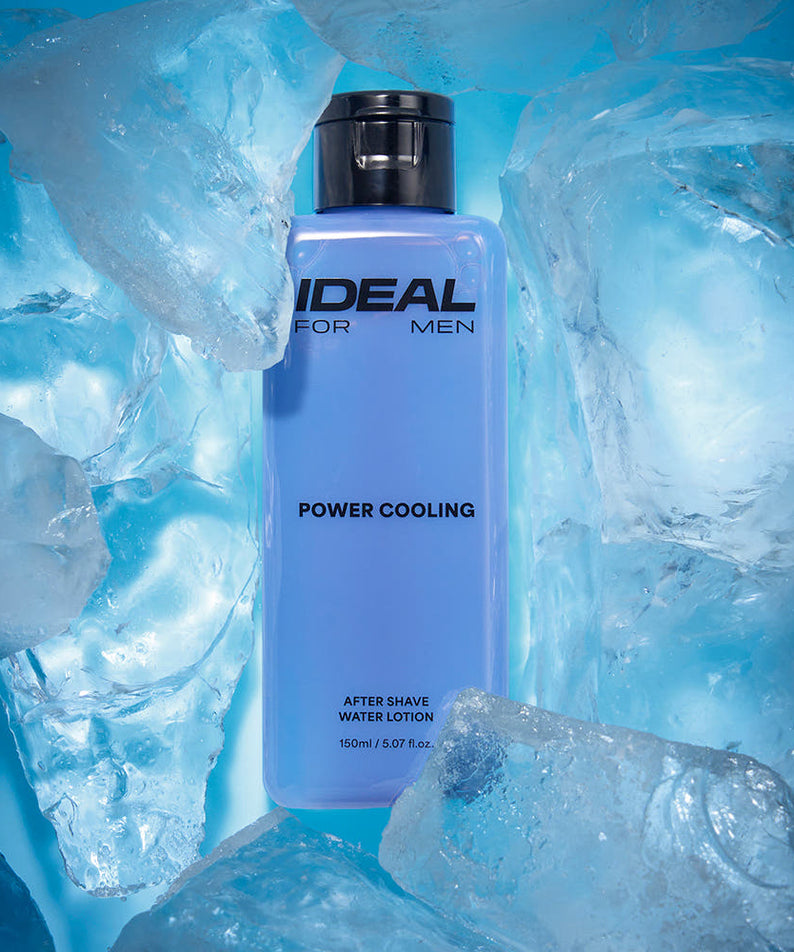 IDEAL FOR MEN Power Cooling Water Lotion 150ml, bouteille sur glace bleue, visuel rafraîchissant pour hommes