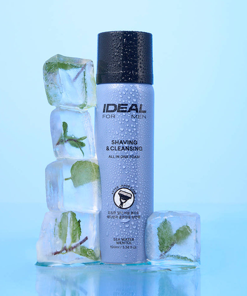 IDEAL FOR MEN Shaving & All-in-One Cleansing Foam 100ml, flacon bleu sur glace avec cristaux verts, visuel produit marque