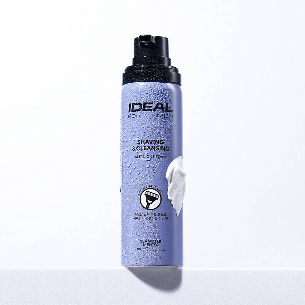 IDEAL FOR MEN Shaving & All-in-One Cleansing Foam 100ml, bouteille bleue, mousse à raser et nettoyante, fond clair