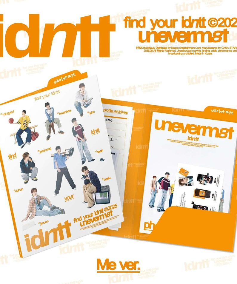 IDNTT - [unevermet] (Me ver.) - Album Kpop, pochette orange idntt2025, pack de photos et personnages, fond crème
