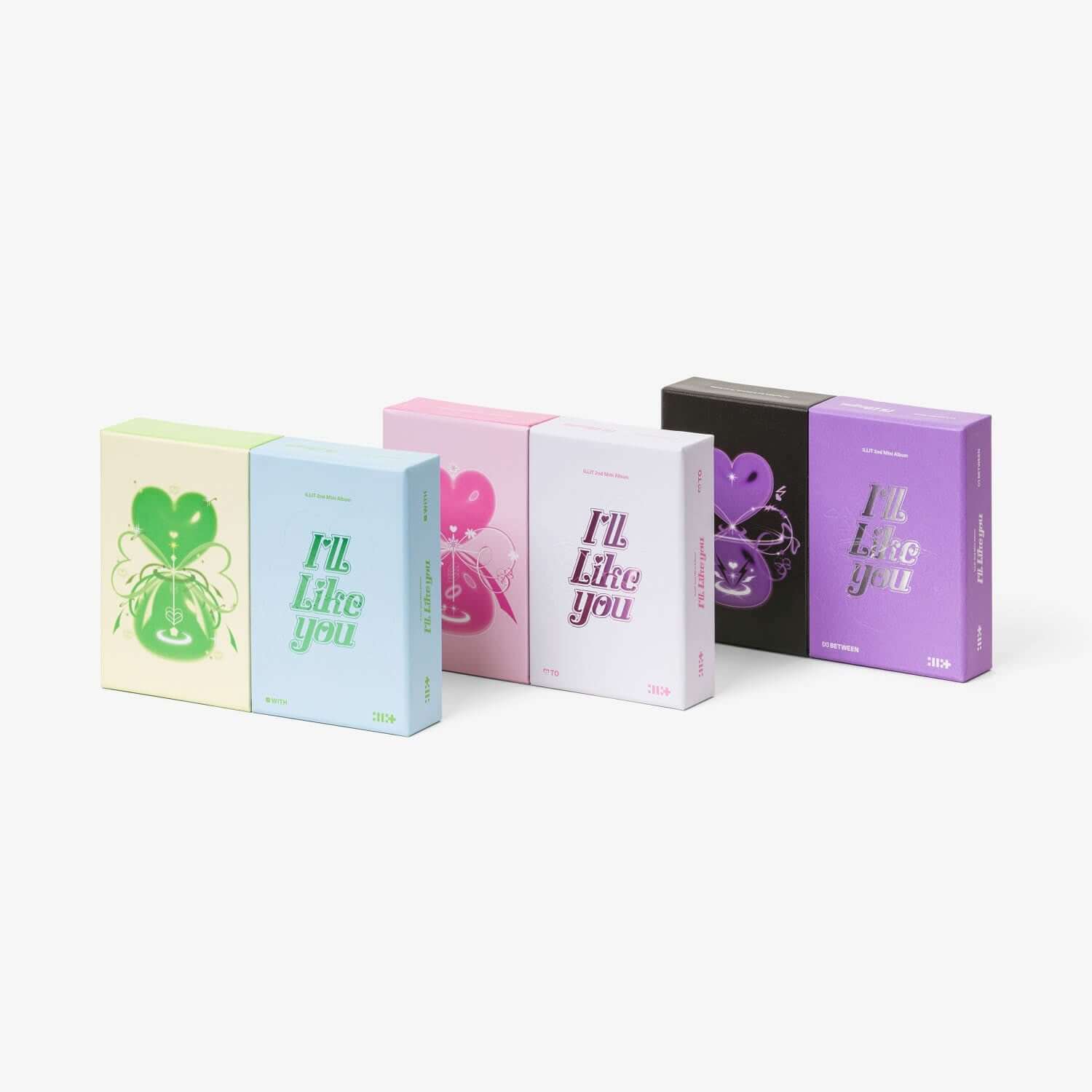 ILLIT - 2nd Mini Album [I'LL LIKE YOU] (Set of 3) - Album Kpop, coffret ILLIT posé, boîtiers pastel sur fond clair