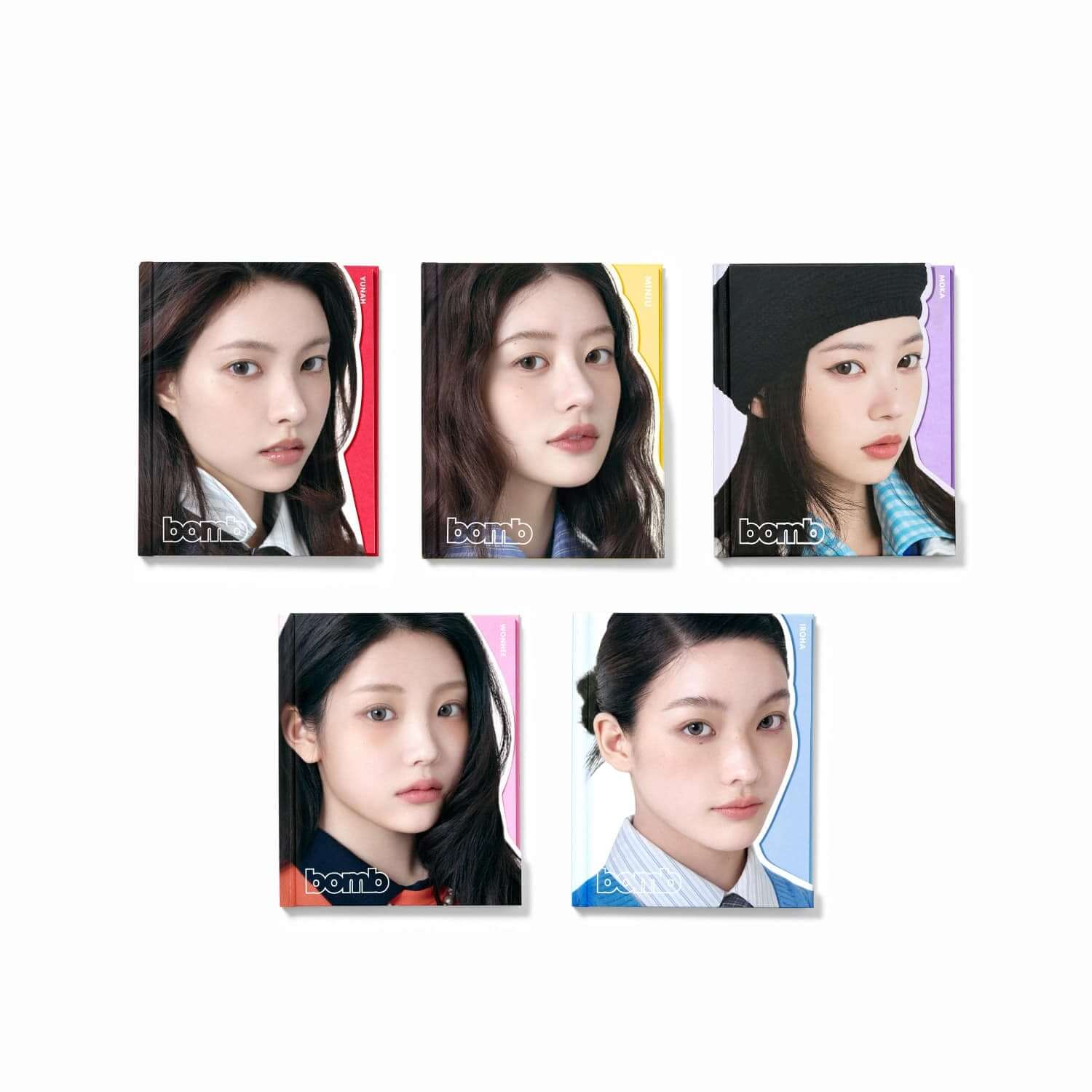 ILLIT - [bomb] (GLLIT ver.) (Set of 5) - Album Kpop, photo promo avec cinq portraits de la marque ILLIT sur fond blanc.