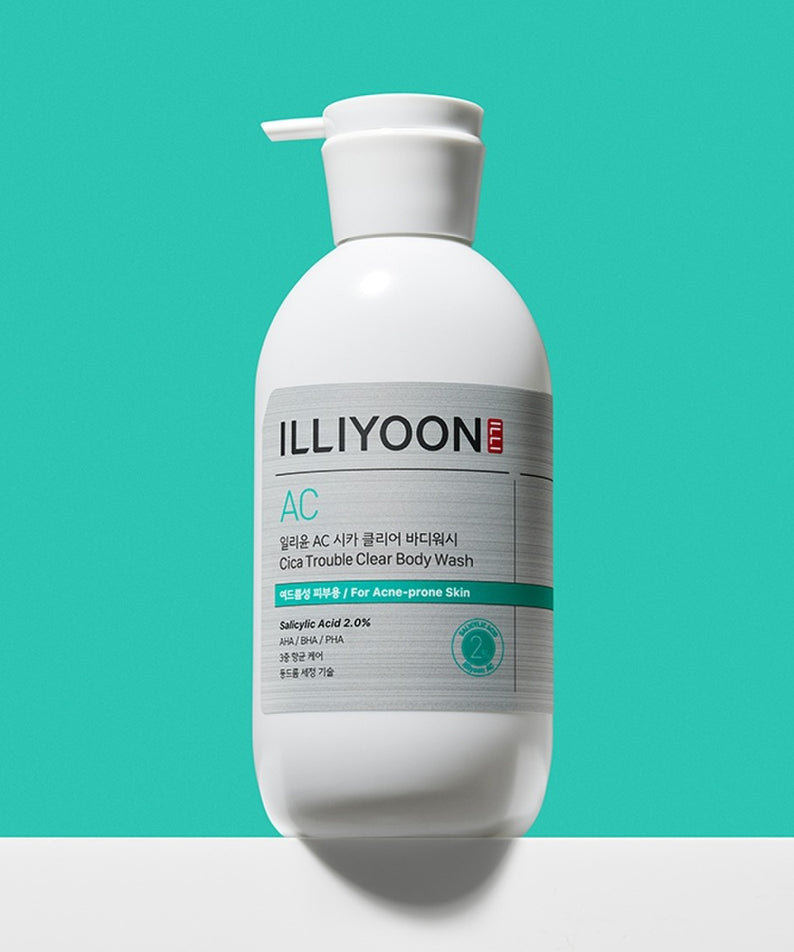 ILLIYOON Cica Acne Clear Body Wash 400ml : flacon blanc sur fond turquoise, produit de la marque ILLIYOON en contexte visuel.