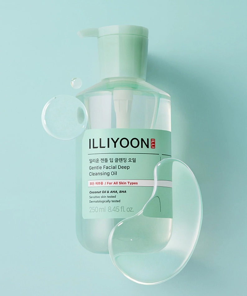 ILLIOON Gentle Deep Cleansing Oil 250ml, bouteille face, fond vert menthe, flacon et texture huile, style clean