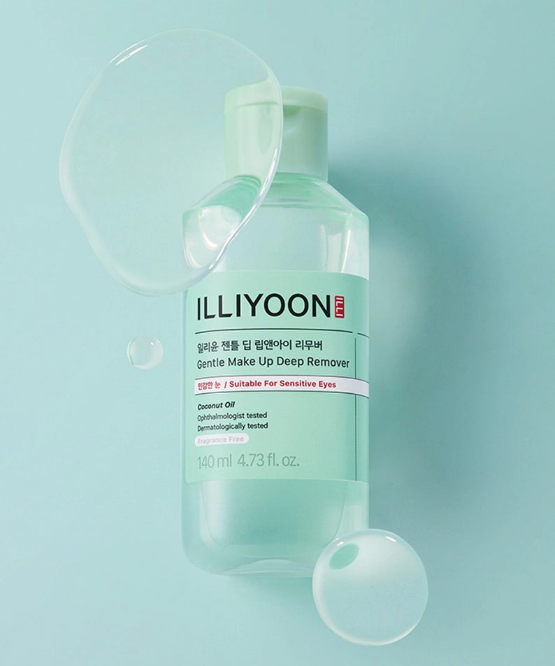 ILLIYOON Gentle Deep Lip & Eye Remover 140ml de la marque ILLIYOON, flacon sur fond bleu clair, gouttes visuelles