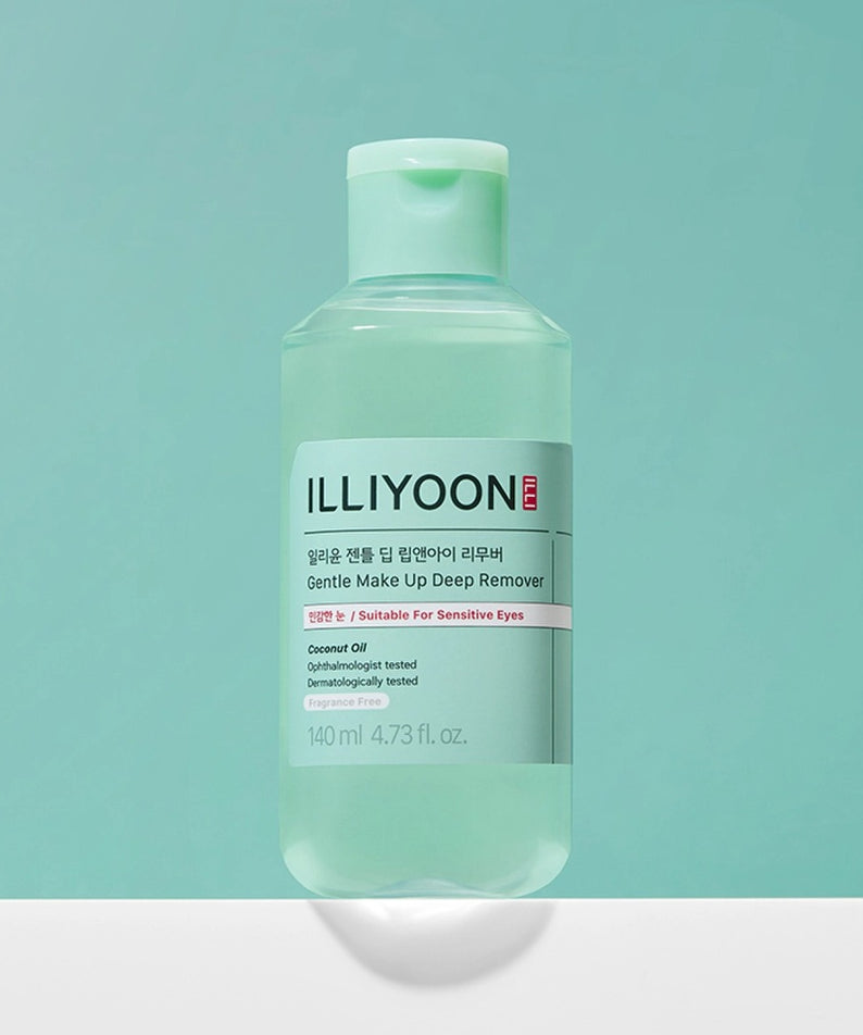ILLlYOON Gentle Deep Lip & Eye Remover 140ml, flacon bleu sur fond turquoise, retrait maquillage lèvres/yeux