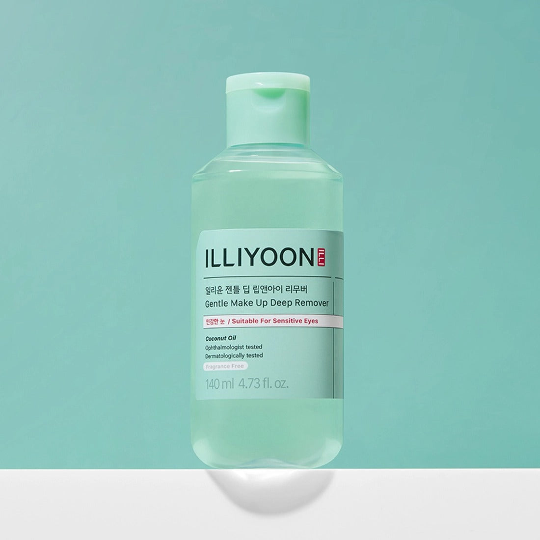 ILLlYOON Gentle Deep Lip & Eye Remover 140ml, flacon bleu sur fond turquoise, retrait maquillage lèvres/yeux