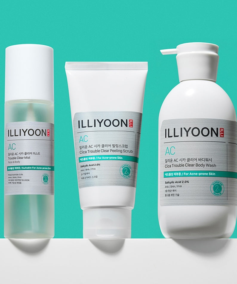 Gamme de produits ILLIYOON Cica, y compris le ILLIYOON Cica Acne Clear Body Wash 400ml pour peau acnéique.