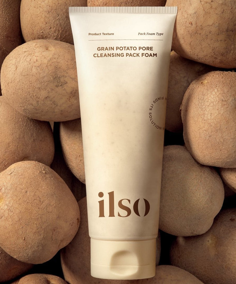 ILSO Grain Potato Cleansing Pack Foam 150ml de la marque ILSO, flacon sur patates de terre en contexte spa.